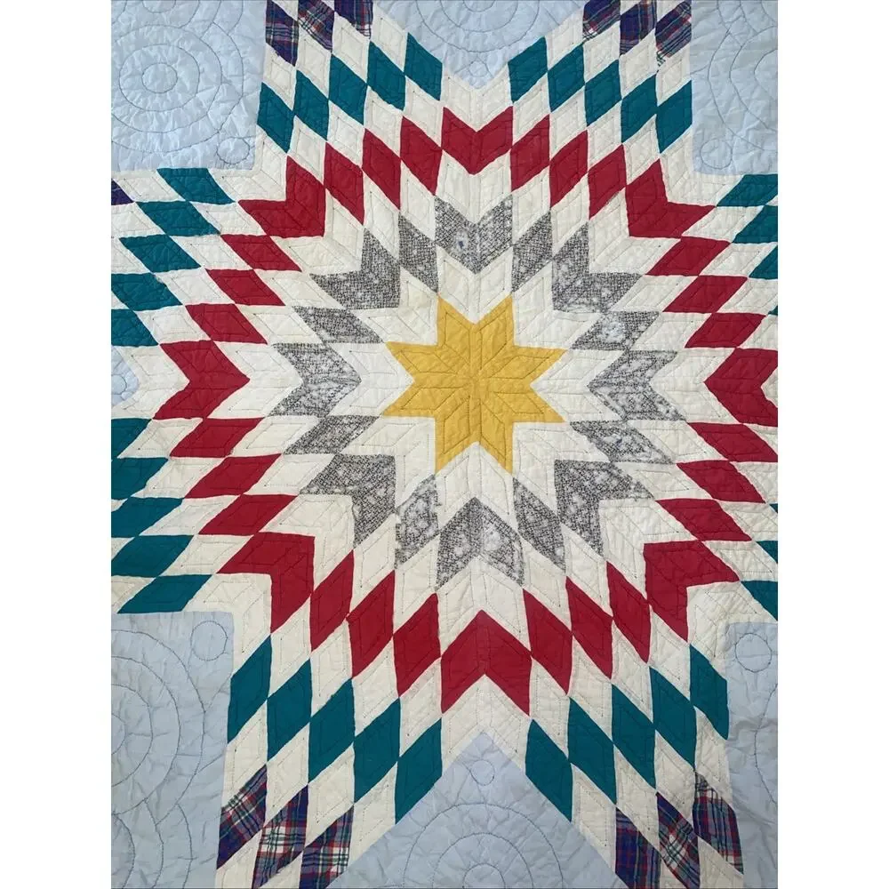 Vintage Hand Sewn Quilt LONE STAR 74”x 72” Square Flaws See Pics & Read On